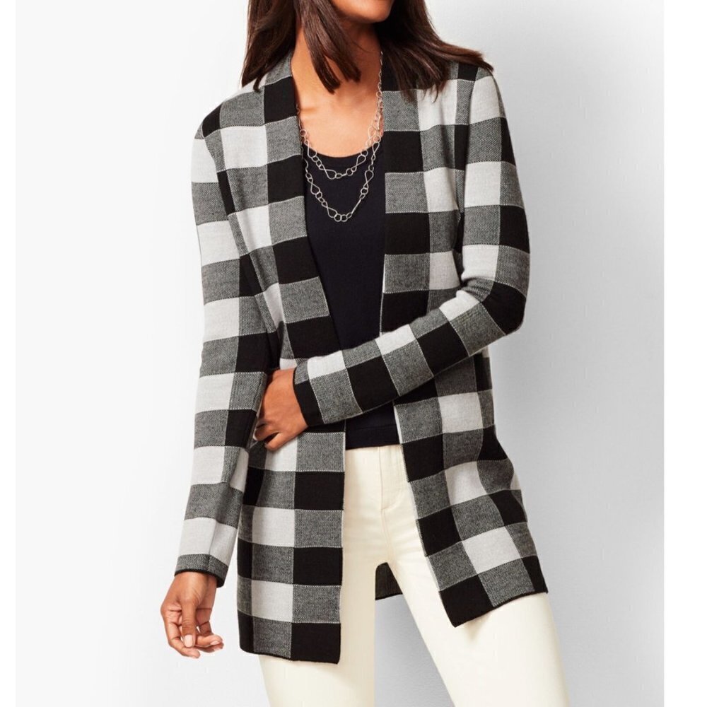 Talbots Buffalo Plaid Gingham Black Gray Pure Merino wool Open Cardigan Size M